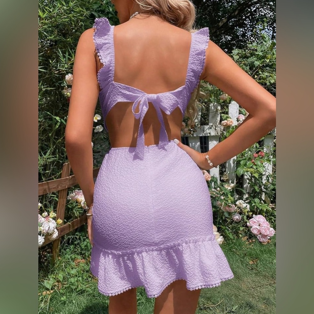 Women's Boho Backless Knot Ruffle Hem High Waist Trim Textured Mini Dress - Picture 4 of 10